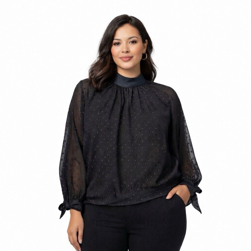 NYC 7th Avenue Design Black L Polk A Dot Blouse Sheer Cut Out Sparkle Bow Sleeve